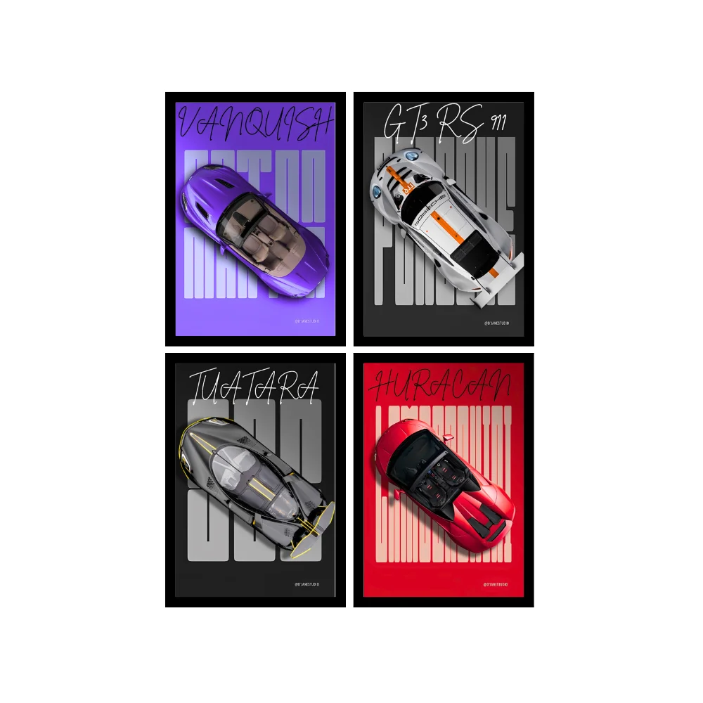 Djane Studio Supercars Wall Frame Set | Premium Wall Art for Living Room, Bedroom, Office & Gaming Room | Modern Home Décor | Pack of 4 | Size 12x8 Inch